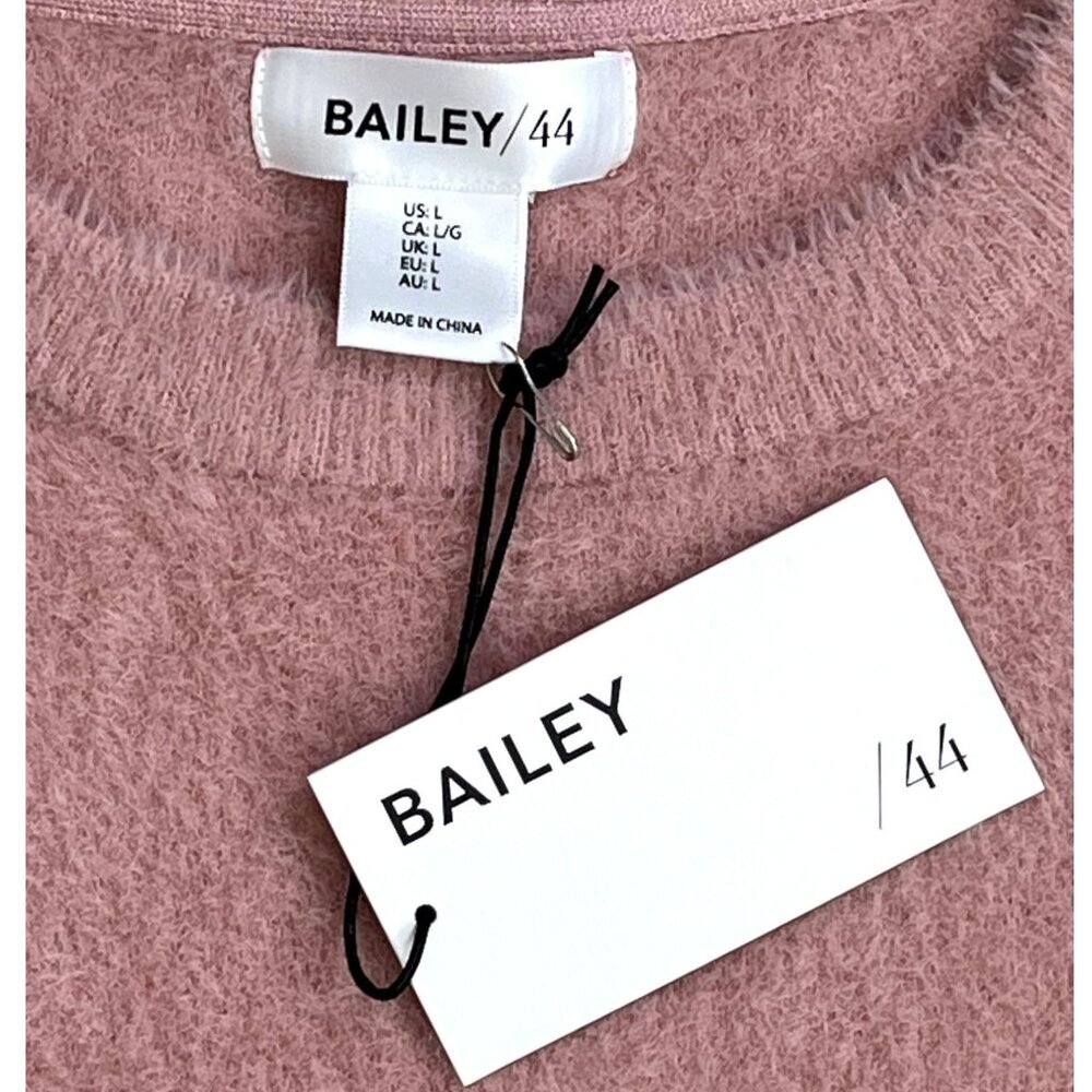 Bailey 44 Pink Fuzzy Sweater Gold Heart Button Cuff Crewneck Size L NWT - Picture 6 of 8